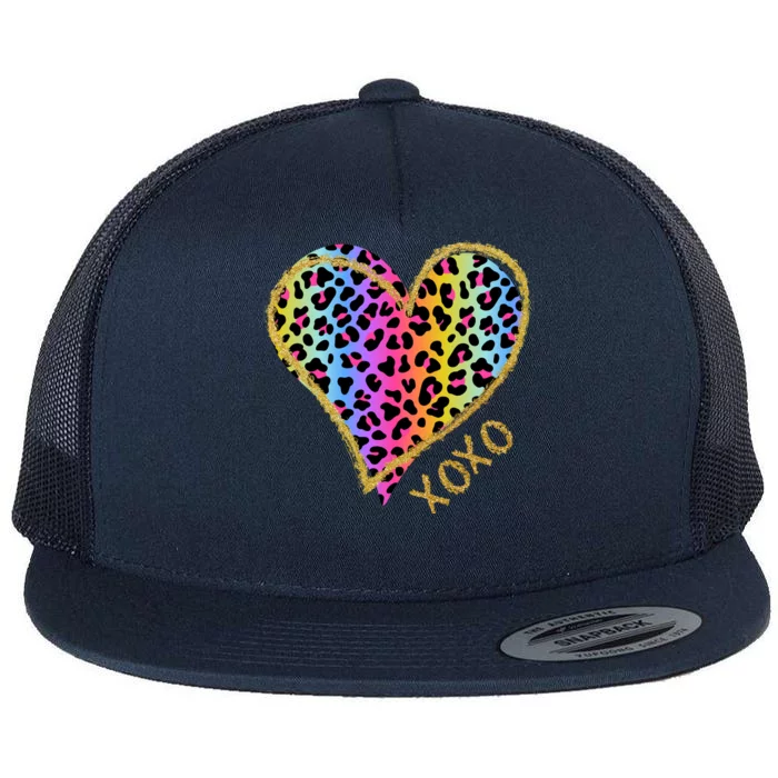 Colorful Neon Cheetah Print Heart Xoxo Flat Bill Trucker Hat