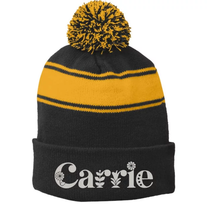 Carrie Name Custom Flower Personalized Botanical Women Mom Stripe Pom Pom Beanie