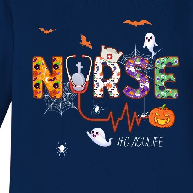 Cvicu Nurse Cardiovascular Icu Nursing Halloween Pattern Gift Baby Long Sleeve Bodysuit