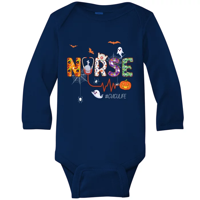 Cvicu Nurse Cardiovascular Icu Nursing Halloween Pattern Gift Baby Long Sleeve Bodysuit