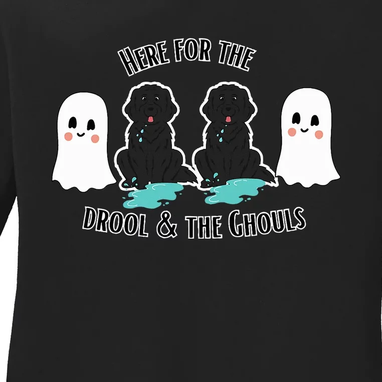 Cute Newfie Dog Halloween Ghosts Here For The Drool & Ghouls Ladies Long Sleeve Shirt