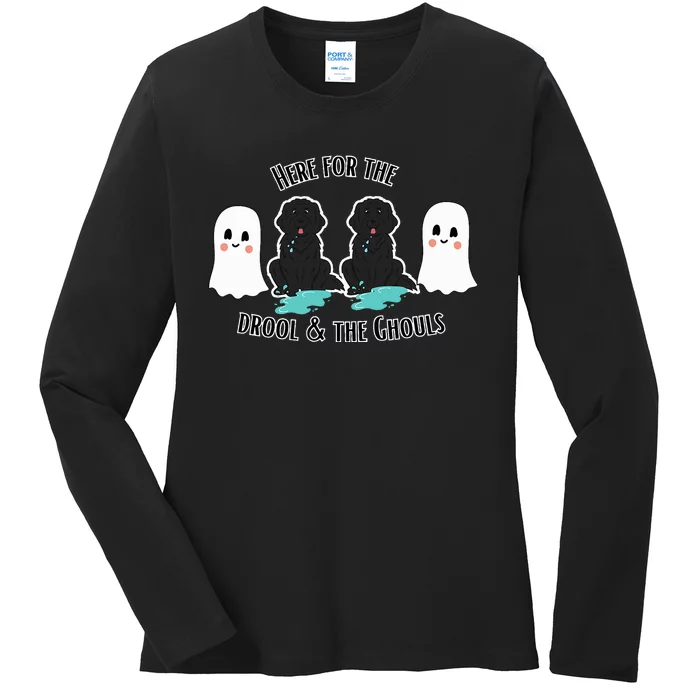 Cute Newfie Dog Halloween Ghosts Here For The Drool & Ghouls Ladies Long Sleeve Shirt