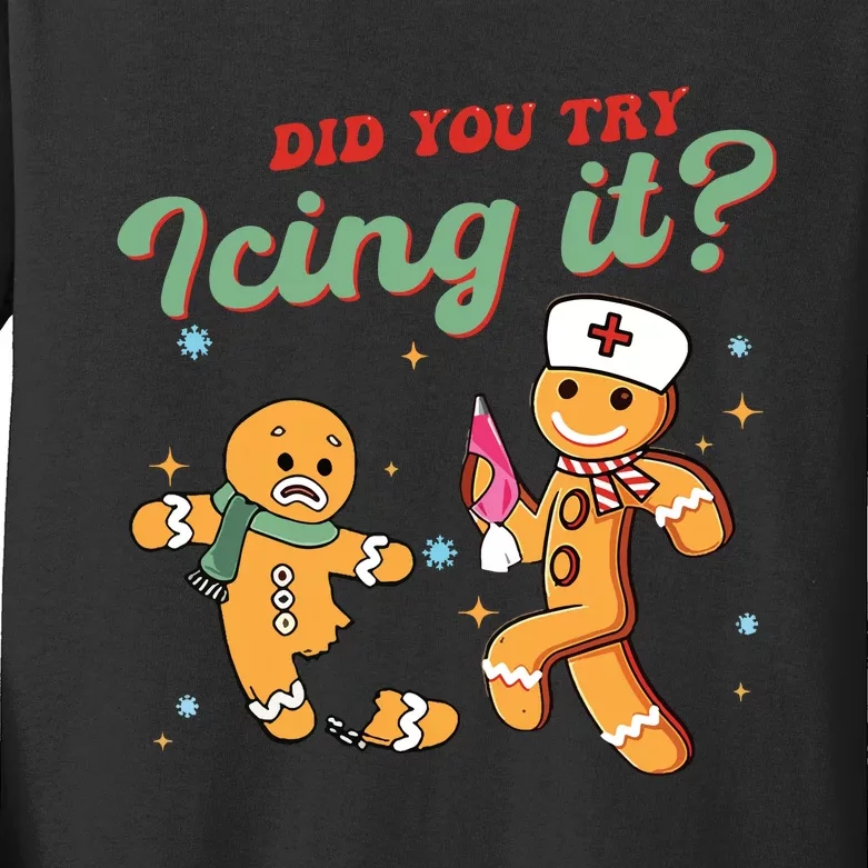 Christmas Nurse Did You Try Icing It Gingerbread Man Kids Long Sleeve Shirt