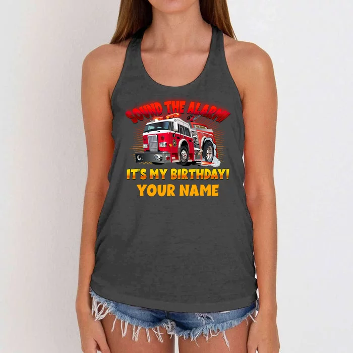 Custom Name Funny Sound The Alarm It's My Birthday Firetruck Women's Knotted Racerback Tank