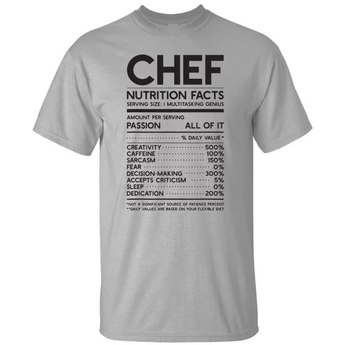 Chef Nutrition Facts Funny Cook Men Women Vintage Cooking Tall T-Shirt