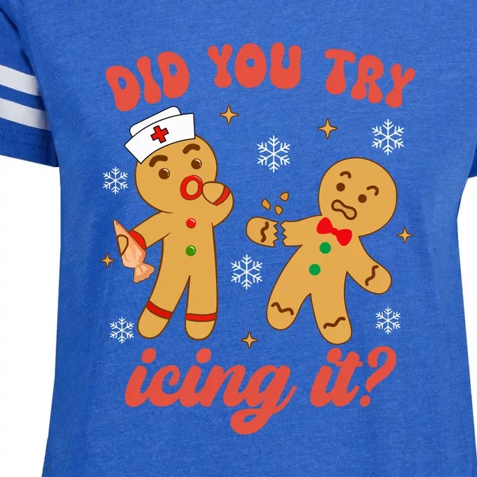 Christmas Nurse Funny Gingerbread Man Did You Try Icing It Gift Enza Ladies Jersey Football T-Shirt