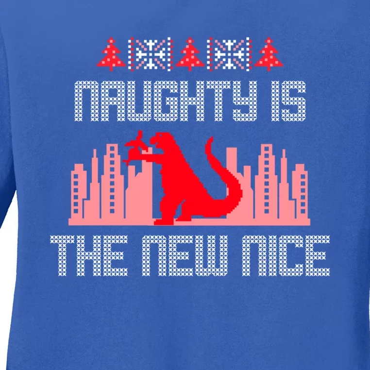 Christmas Naughty Is The New Nice Dino T Rex Ugly Sweater Gift Ladies Long Sleeve Shirt