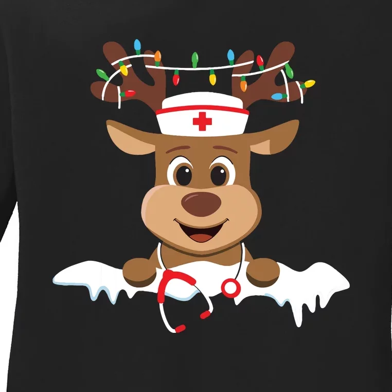 Christmas Nurse Love Nicu Rn Er Santa Reindeer Nurse Hat Elf Ladies Long Sleeve Shirt