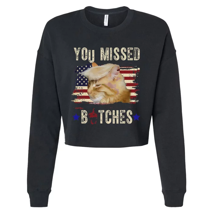 Cat Nine Lives Bitches You Missed Funny Trump Survived Cropped Pullover Crew