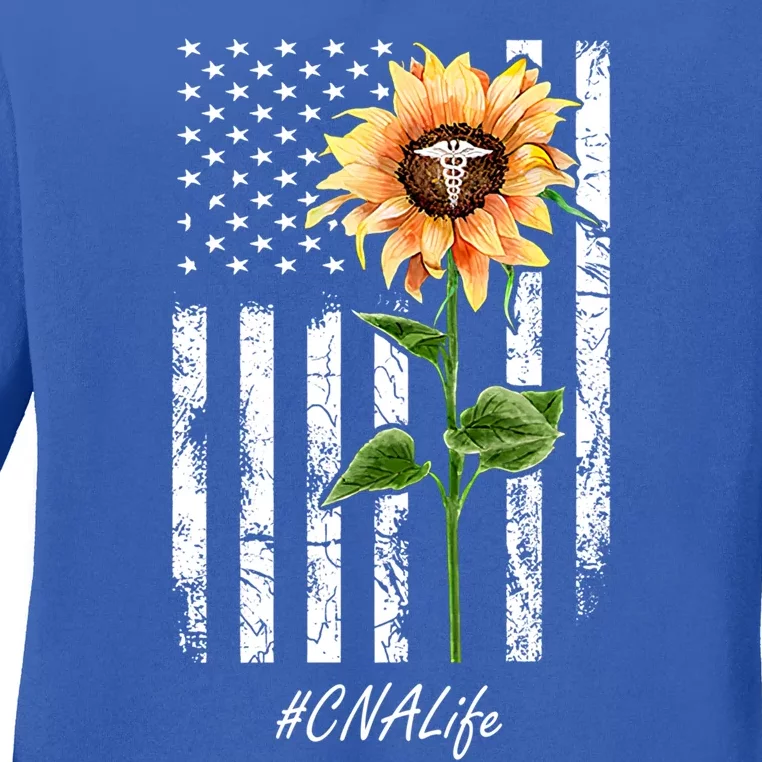 Cna Nurse Life Sunflower Peace Usa Flag America Independence Gift Ladies Long Sleeve Shirt