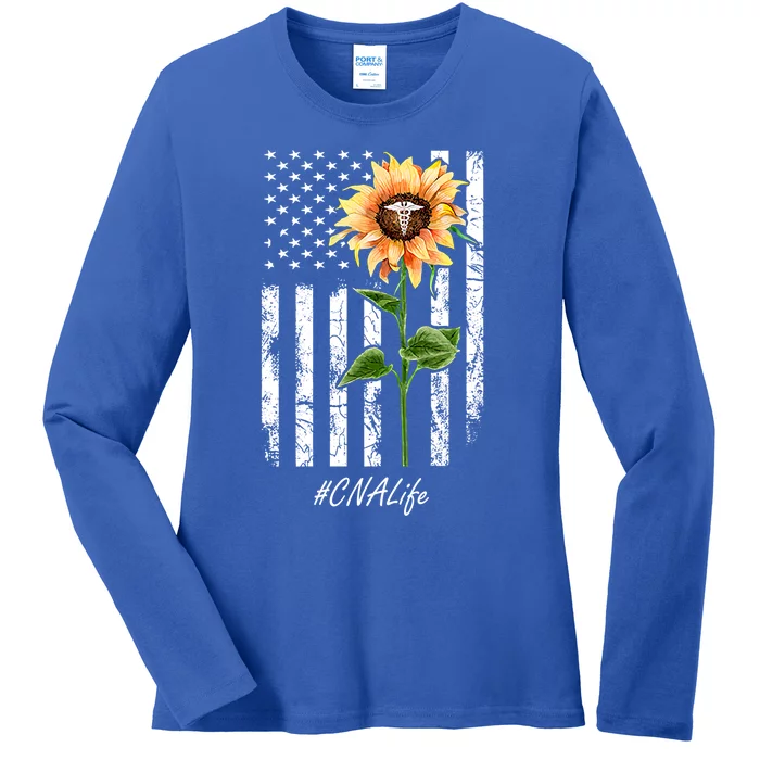 Cna Nurse Life Sunflower Peace Usa Flag America Independence Gift Ladies Long Sleeve Shirt