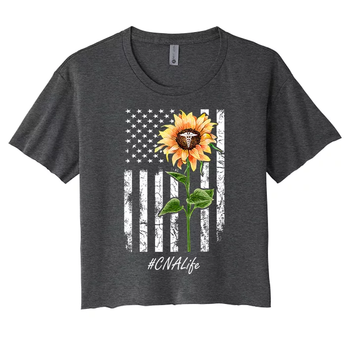 Cna Nurse Life Sunflower Peace Usa Flag America Independence Gift Women's Crop Top Tee