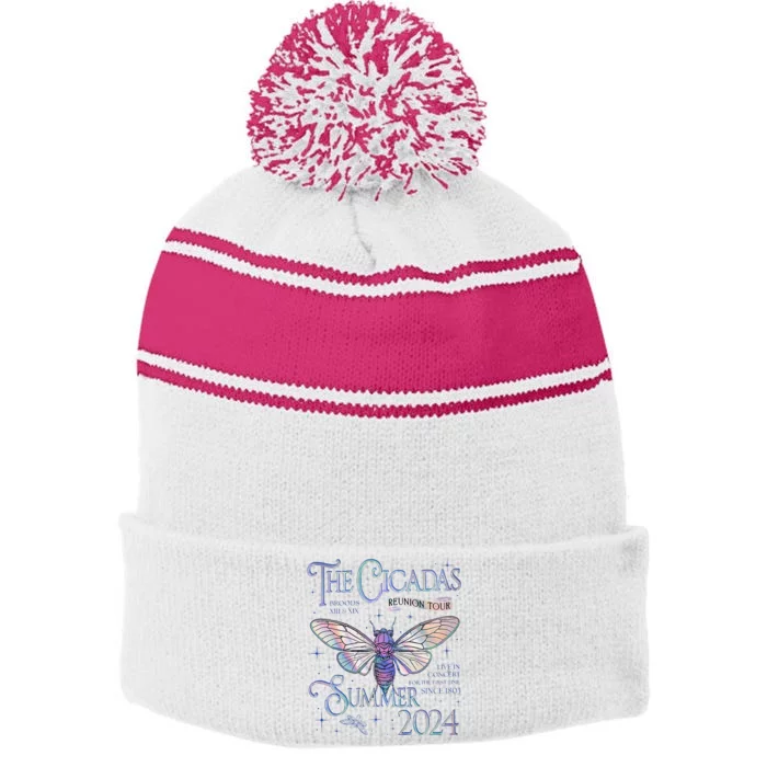 Cicada Nature Lover The Cicadas Reunion Summer 2024 Stripe Pom Pom Beanie