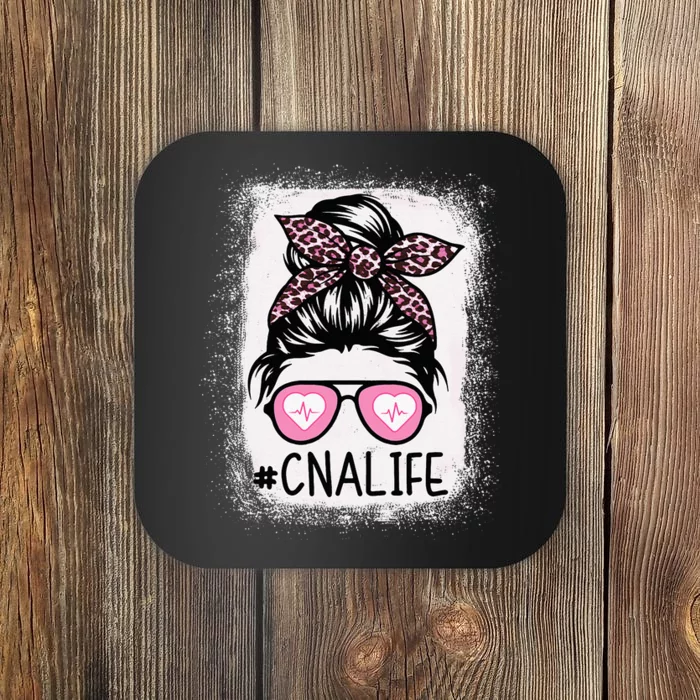 CNA Nurse Life Bleached Pink Leopard Messy Bun Coaster