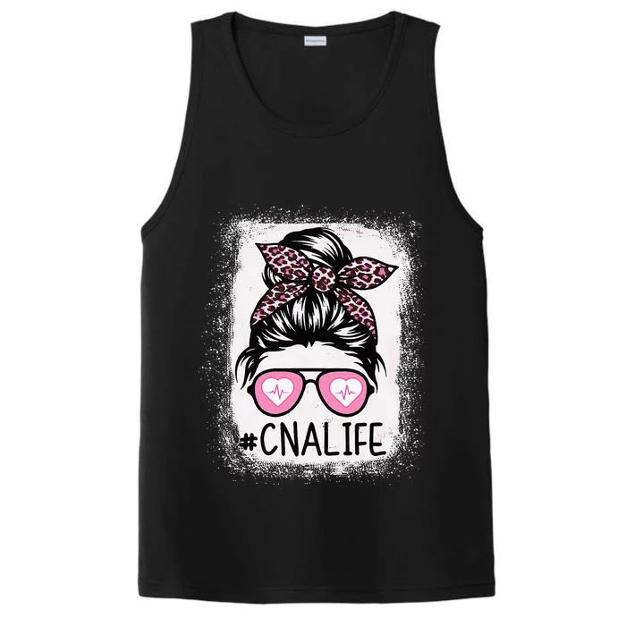 CNA Nurse Life Bleached Pink Leopard Messy Bun Performance Tank