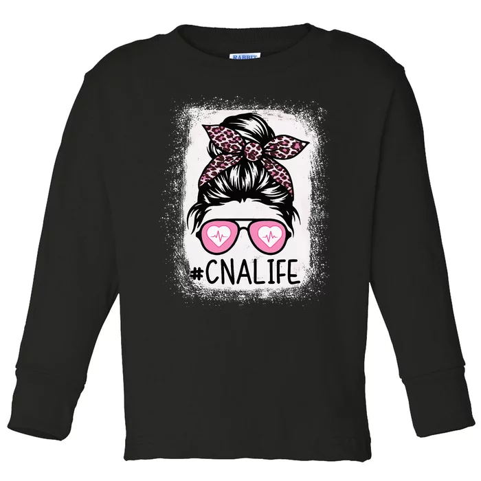 CNA Nurse Life Bleached Pink Leopard Messy Bun Toddler Long Sleeve Shirt