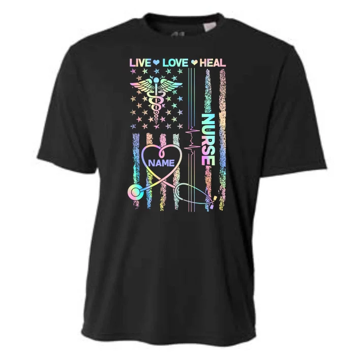 Custom Name Nurse Live Love Heal Colorful USA Flag Cooling Performance Crew T-Shirt