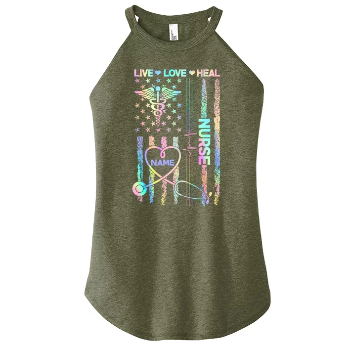 Custom Name Nurse Live Love Heal Colorful USA Flag Women’s Perfect Tri Rocker Tank