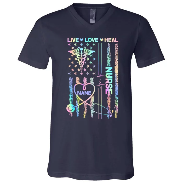 Custom Name Nurse Live Love Heal Colorful USA Flag V-Neck T-Shirt