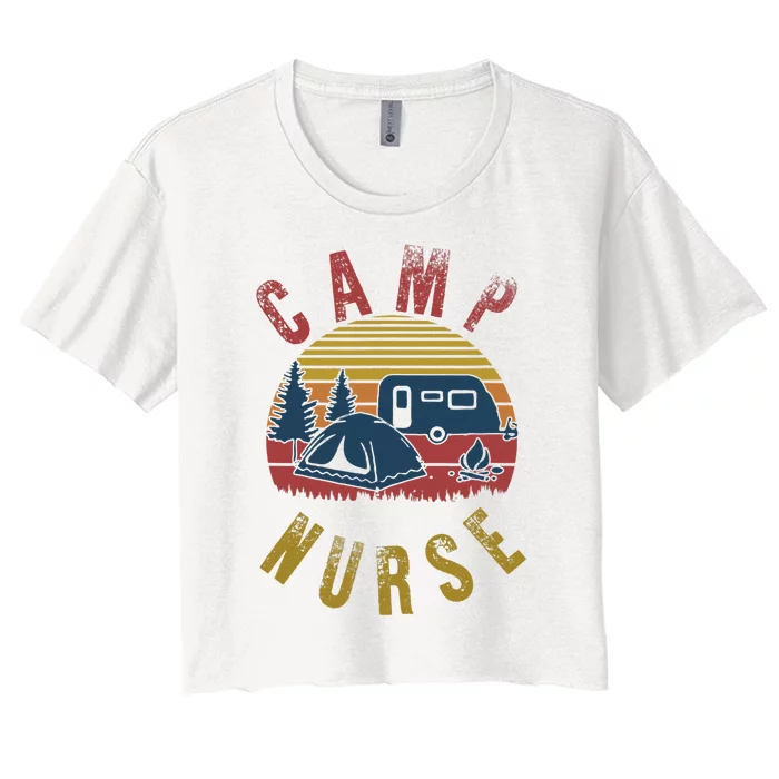 Camp Nurse Nursing Outdoor Summer Camping Retro Sunset Women's Crop Top Tee