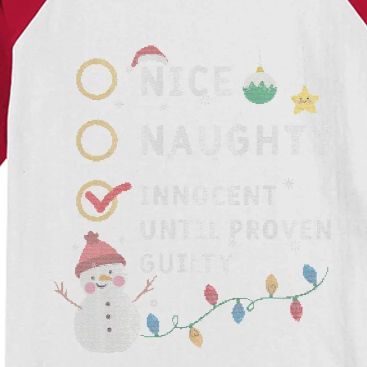 Christmas Nice Naughty Innocent Until Proven Guilty Family Kids Colorblock Raglan Jersey