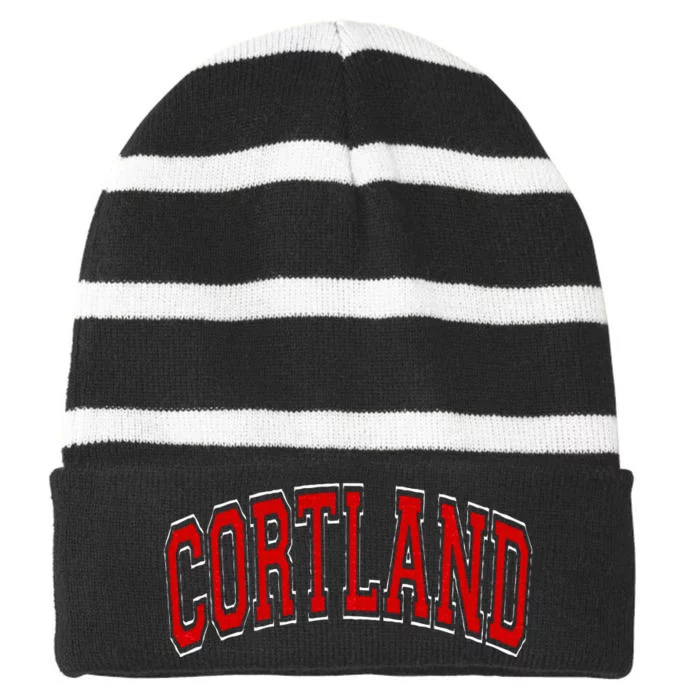 Cortland Ny New York Varsity Style Red Text Striped Beanie with Solid Band