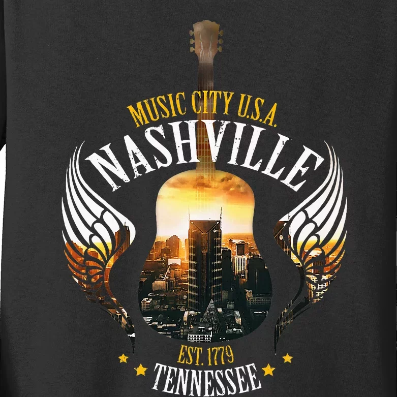 Country Nashville Retro Graphic Guitar Kids Long Sleeve Shirt