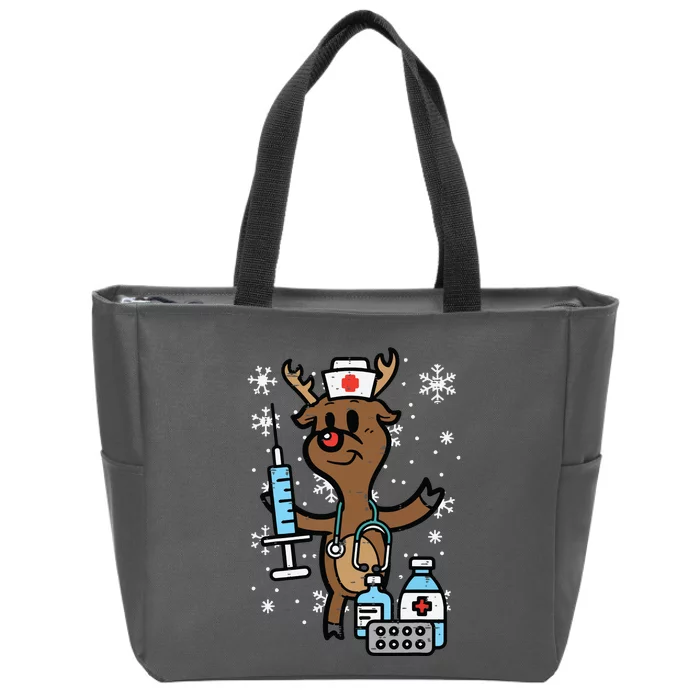 Christmas Nurse Reindeer Funny Xmas Nursing Scrub Top Women Zip Tote Bag