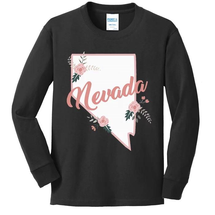 Cute Nevada State Floral Rose Kids Long Sleeve Shirt