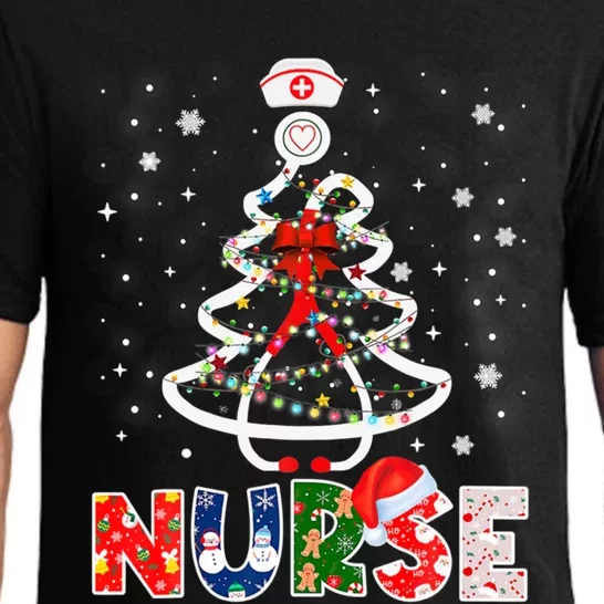 Christmas Nurse Stethoscope Tree Lights Scrub Nursing Xmas Gift Pajama Set