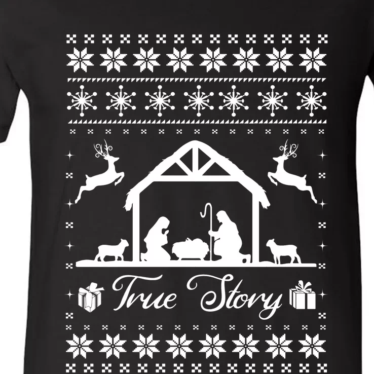 Christmas Nativity True Nativity Story Scene Ugly Sweater V-Neck T-Shirt