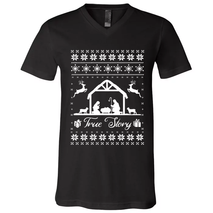 Christmas Nativity True Nativity Story Scene Ugly Sweater V-Neck T-Shirt