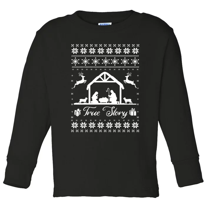 Christmas Nativity True Nativity Story Scene Ugly Sweater Toddler Long Sleeve Shirt