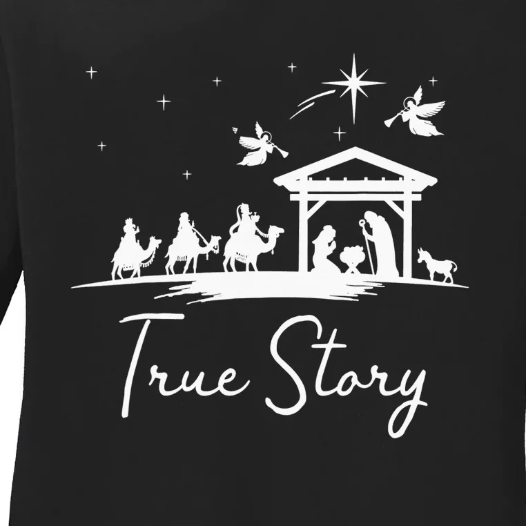 Christmas Nativity True Story of Jesus Birth Ladies Long Sleeve Shirt