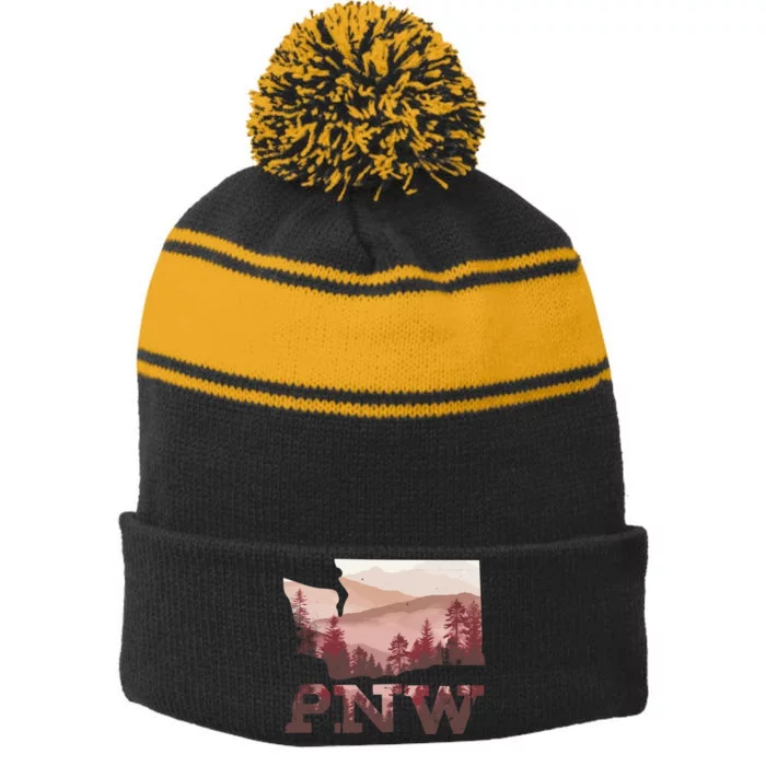 Cute North West Pnw Pacific Northwest Gift Stripe Pom Pom Beanie