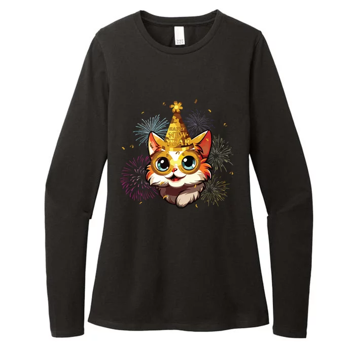 Cat New Years Eve Party Happy New Year 2024 Fireworks Womens CVC Long Sleeve Shirt