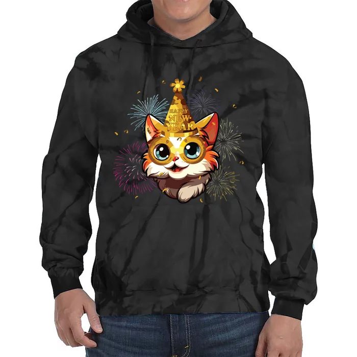 Cat New Years Eve Party Happy New Year 2024 Fireworks Tie Dye Hoodie