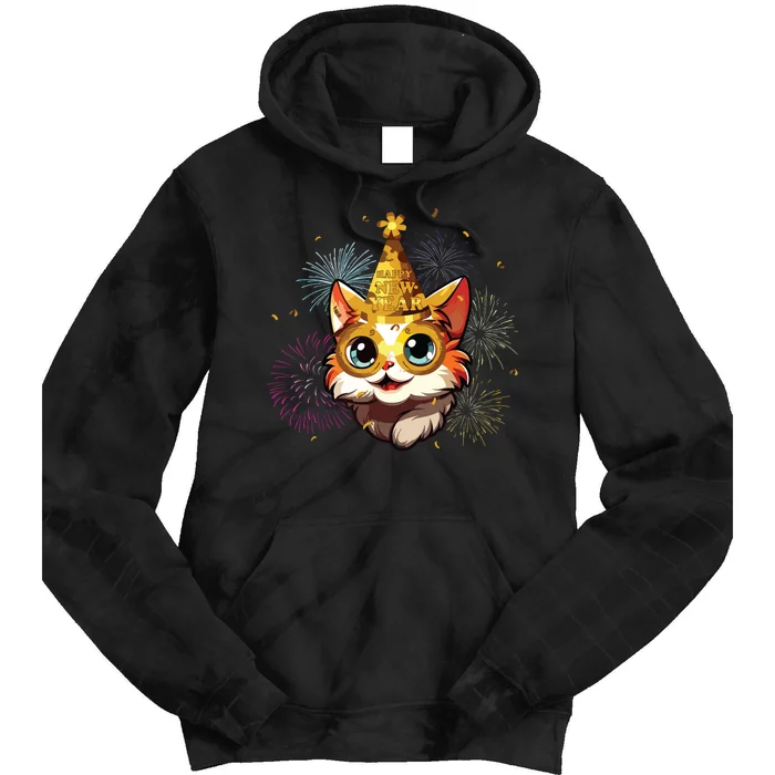 Cat New Years Eve Party Happy New Year 2024 Fireworks Tie Dye Hoodie