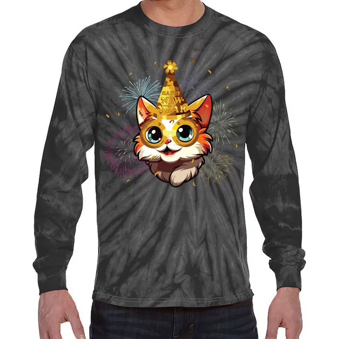 Cat New Years Eve Party Happy New Year 2024 Fireworks Tie-Dye Long Sleeve Shirt