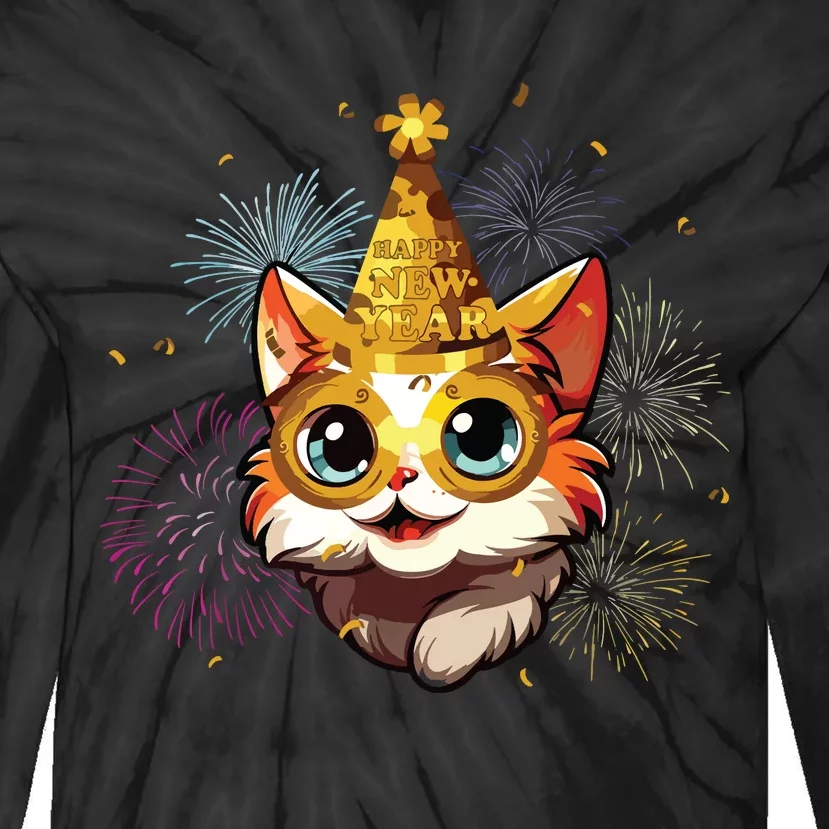 Cat New Years Eve Party Happy New Year 2024 Fireworks Tie-Dye Long Sleeve Shirt