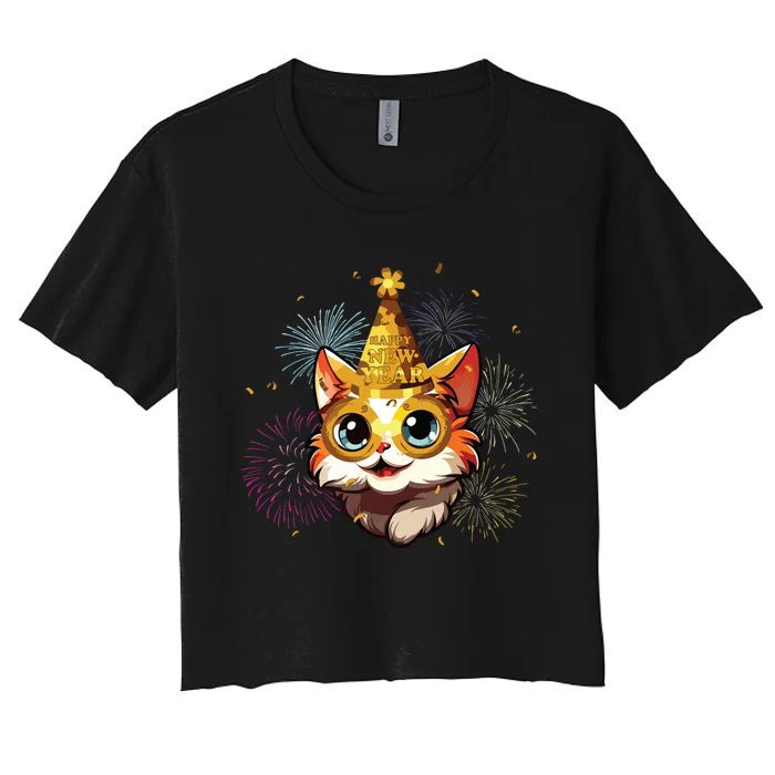 Cat New Years Eve Party Happy New Year 2024 Fireworks Women's Crop Top Tee