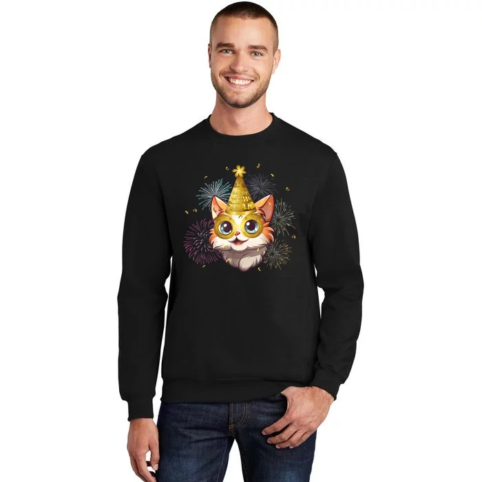 Cat New YearS Eve Party Happy New Year 2024 Fireworks Tall Sweatshirt