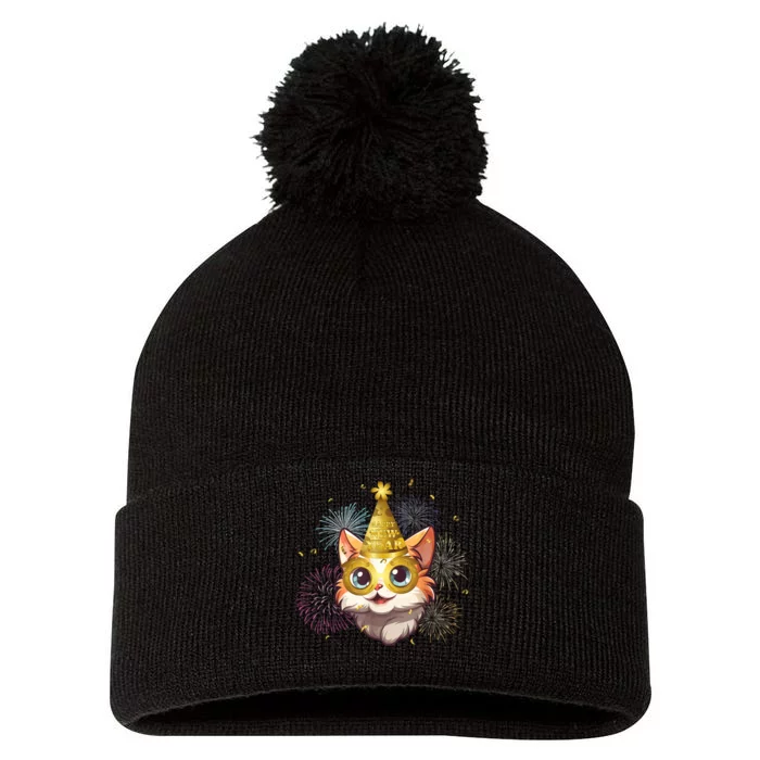 Cat New YearS Eve Party Happy New Year 2024 Fireworks Pom Pom 12in Knit Beanie