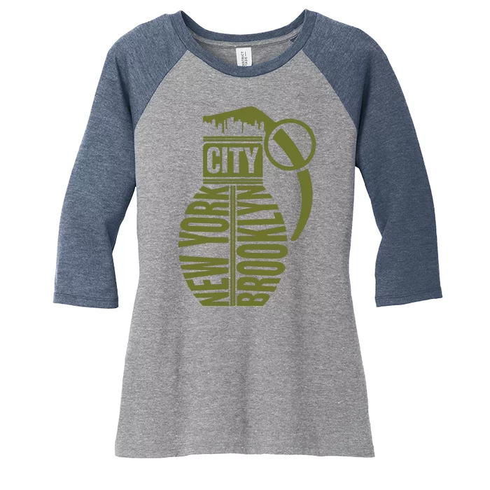 Cool New York City Brooklyn Grenade Design Women's Tri-Blend 3/4-Sleeve Raglan Shirt