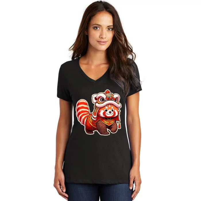 Chinese New Year Red Panda Lion Dance Lunar New Year 2024 Women's V-Neck T-Shirt