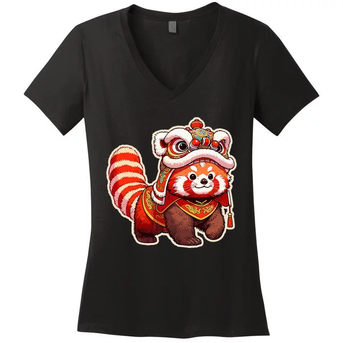 Chinese New Year Red Panda Lion Dance Lunar New Year 2024 Women's V-Neck T-Shirt