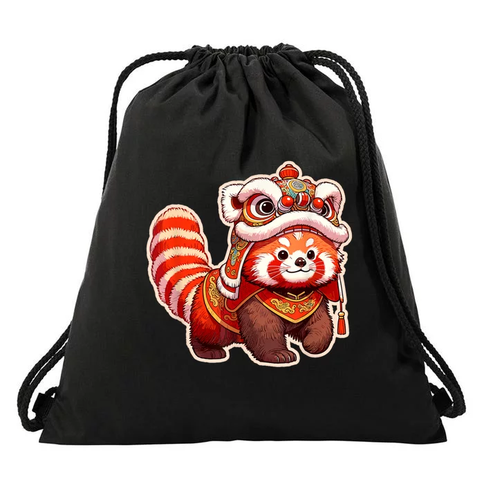 Chinese New Year Red Panda Lion Dance Lunar New Year 2024 Drawstring Bag