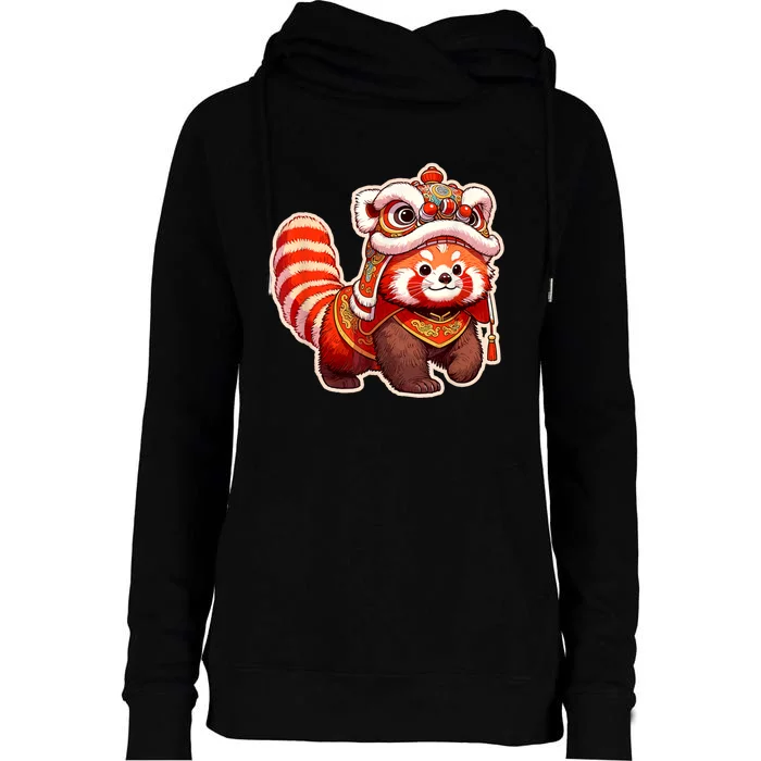 Chinese New Year Red Panda Lion Dance Lunar New Year 2024 Womens Funnel Neck Pullover Hood