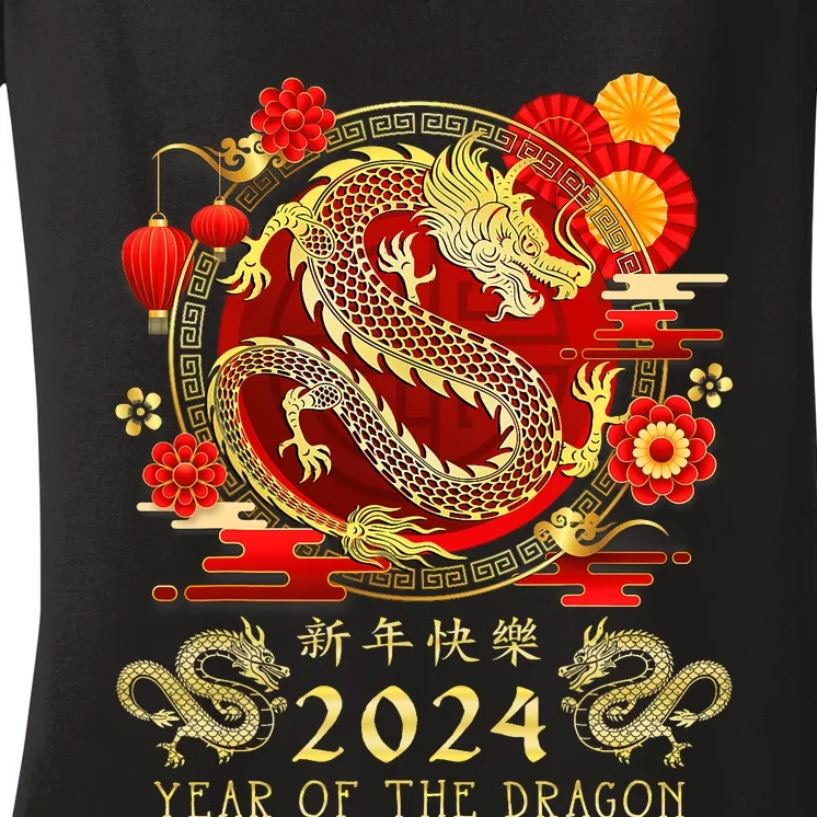 Chinese New Year 2024 Year Of The Dragon Happy New Year 2024 Women's V-Neck T-Shirt