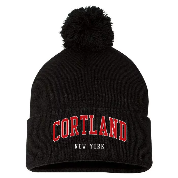 Cortland New York Varsity Sports Style Pom Pom 12in Knit Beanie